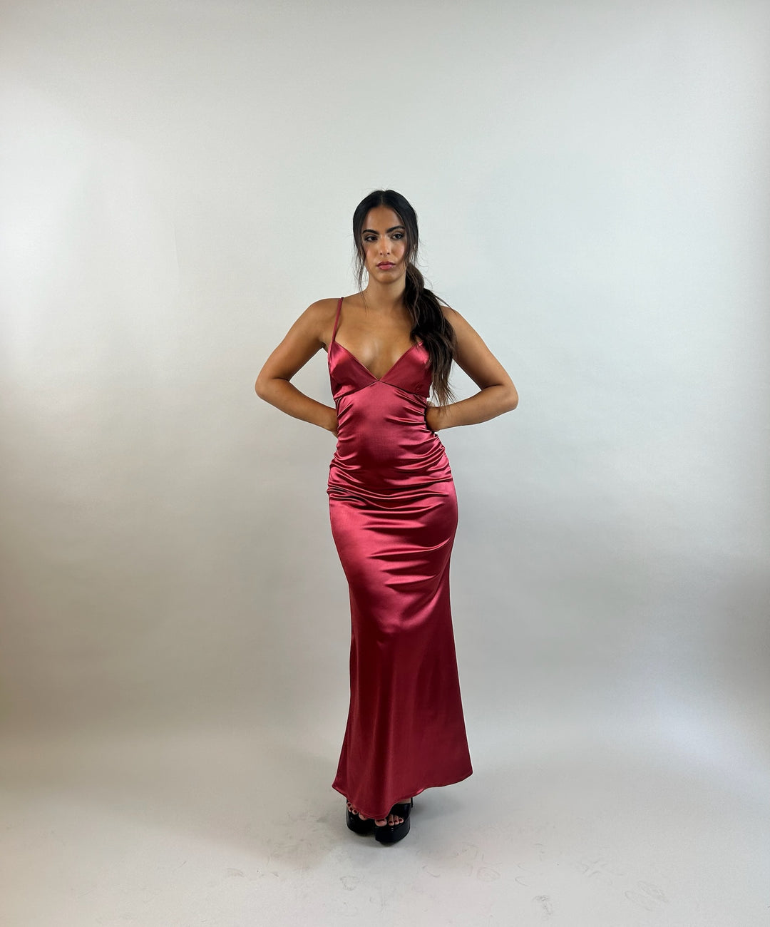 Yuli - Red V-Neck Satin Evening Dress  Evening dress - StudioSharonGuy