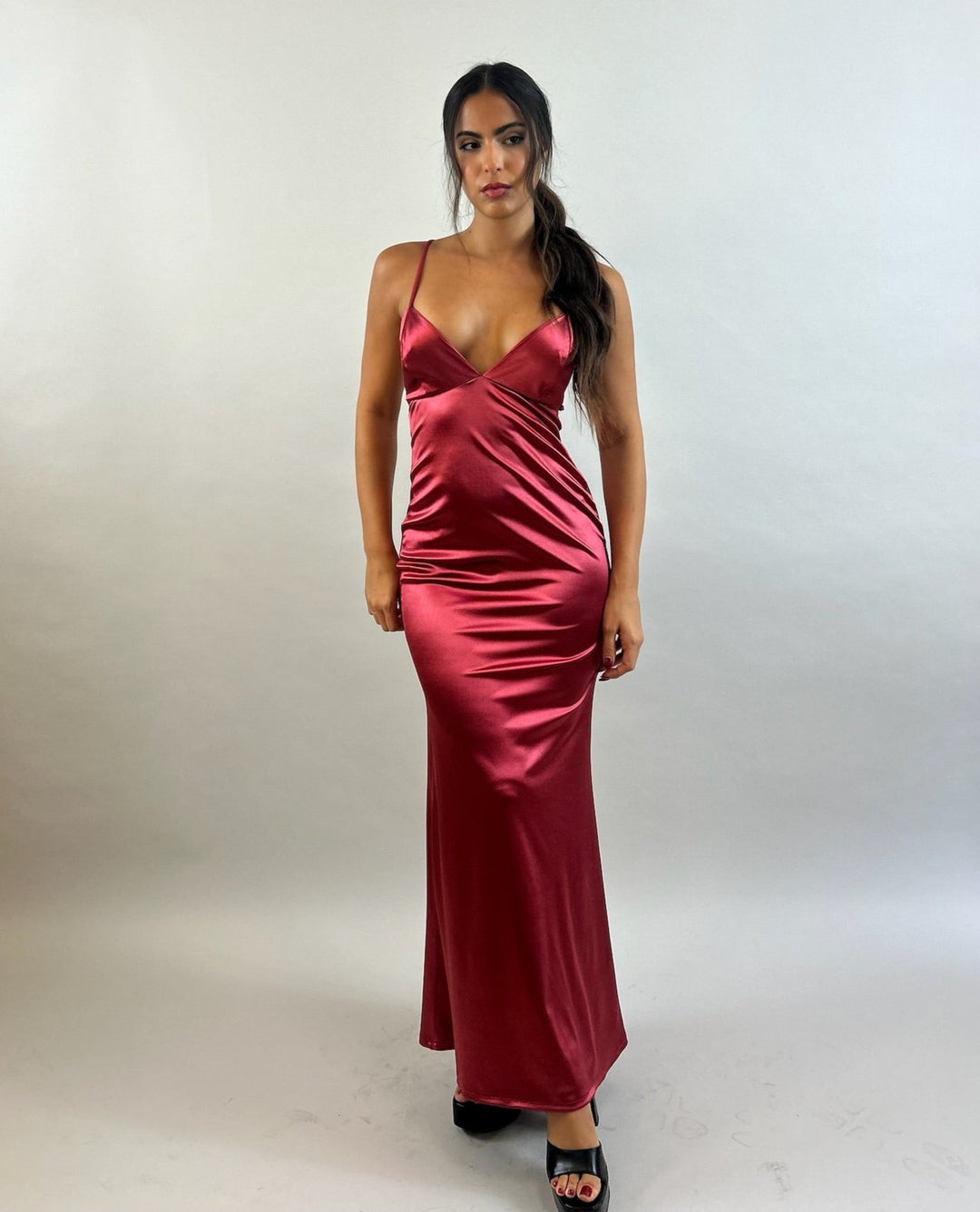 Yuli - Red V-Neck Satin Evening Dress  Evening dress - StudioSharonGuy