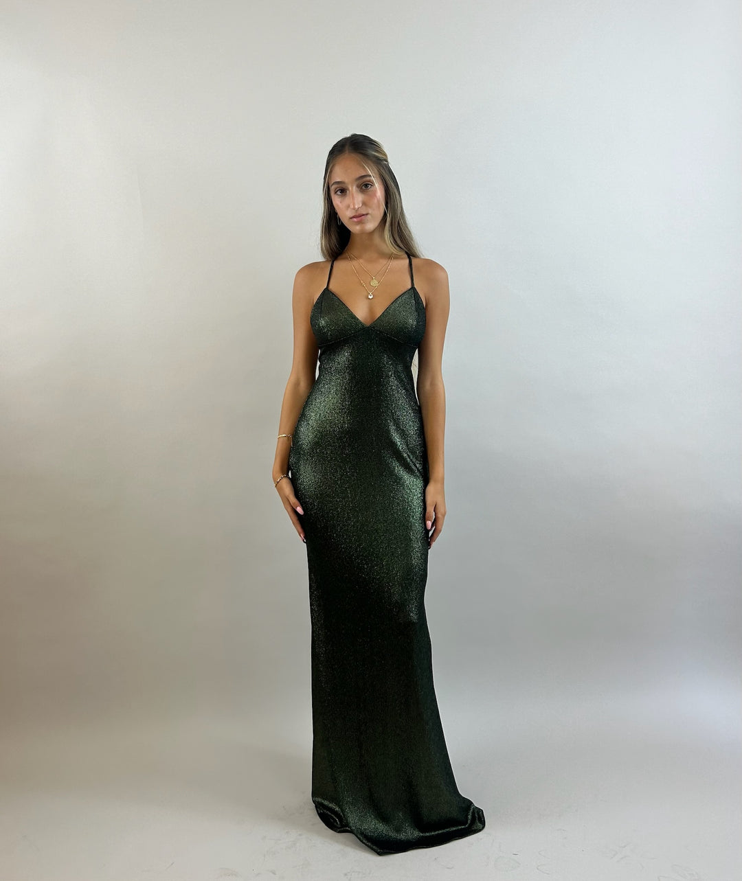 Yuli - Dark Green V-Neck Satin Evening Dress  Evening dress - StudioSharonGuy