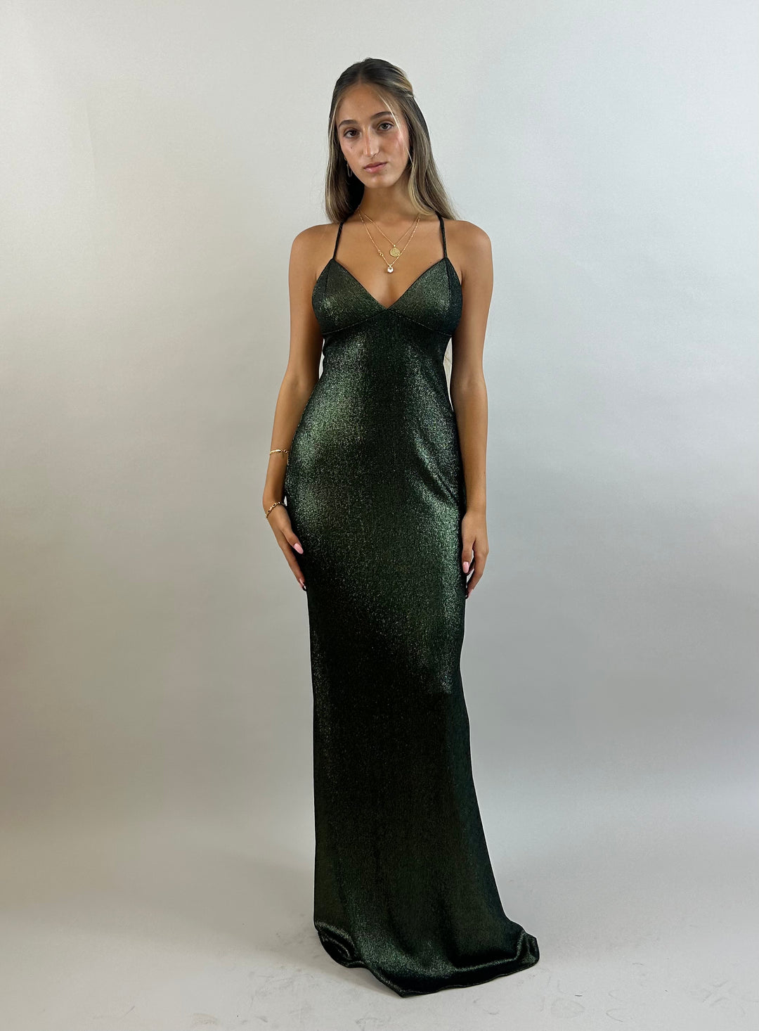 Yuli - Dark Green V-Neck Satin Evening Dress  Evening dress - StudioSharonGuy