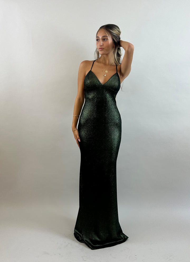 Yuli - Dark Green V-Neck Satin Evening Dress  Evening dress - StudioSharonGuy