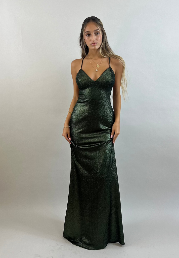 Yuli - Dark Green V-Neck Satin Evening Dress  Evening dress - StudioSharonGuy