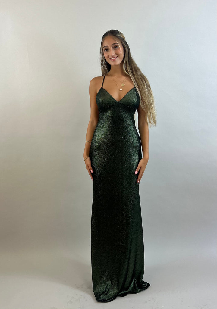 Yuli - Dark Green V-Neck Satin Evening Dress  Evening dress - StudioSharonGuy