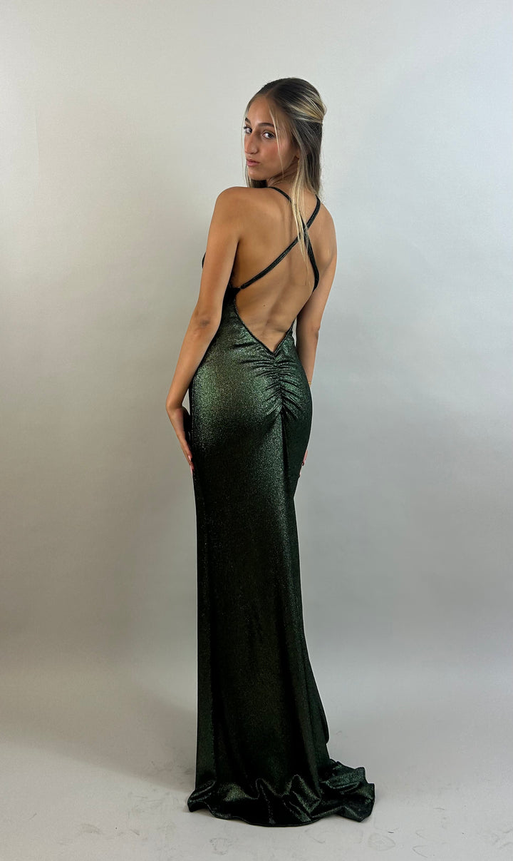 Yuli - Dark Green V-Neck Satin Evening Dress  Evening dress - StudioSharonGuy