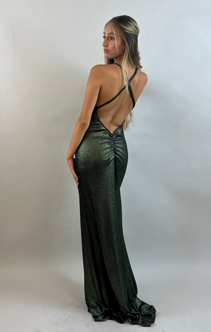 Yuli - Dark Green V-Neck Satin Evening Dress  Evening dress - StudioSharonGuy