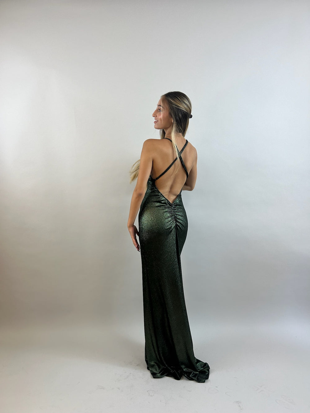 Yuli - Dark Green V-Neck Satin Evening Dress  Evening dress - StudioSharonGuy