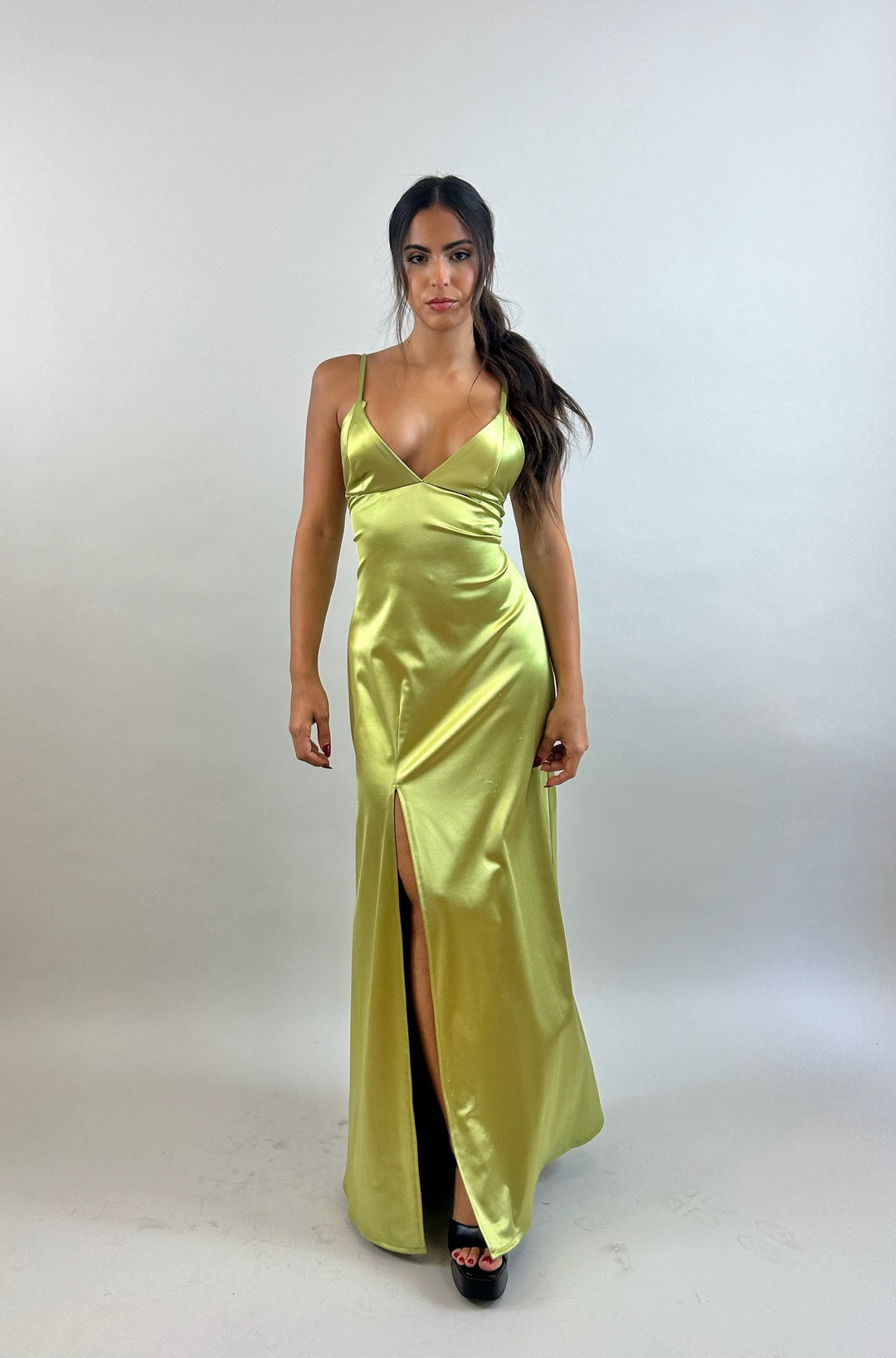 Jessy - Bright Green V-Neck Satin Evening Dress  Evening dress - StudioSharonGuy