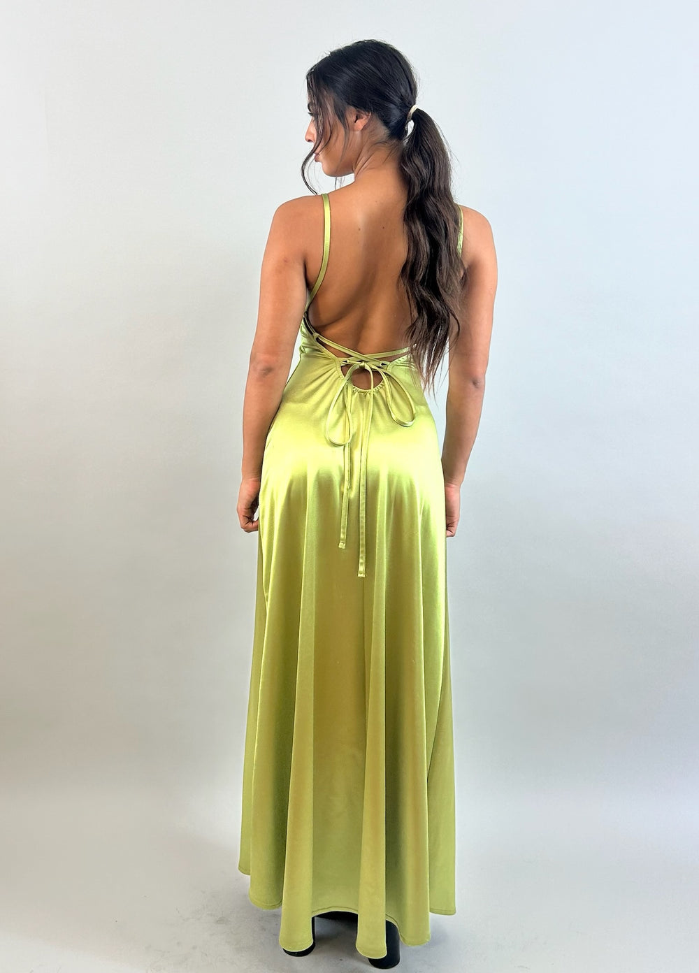 Jessy - Bright Green V-Neck Satin Evening Dress  Evening dress - StudioSharonGuy