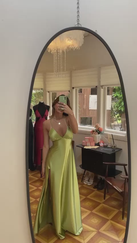 Satin Green Maxi Bridesmaid Dress, Formal Evening Dress with Slit and Open Back, Elegant Wedding Guest Attire, Unique Dress for Prom Party